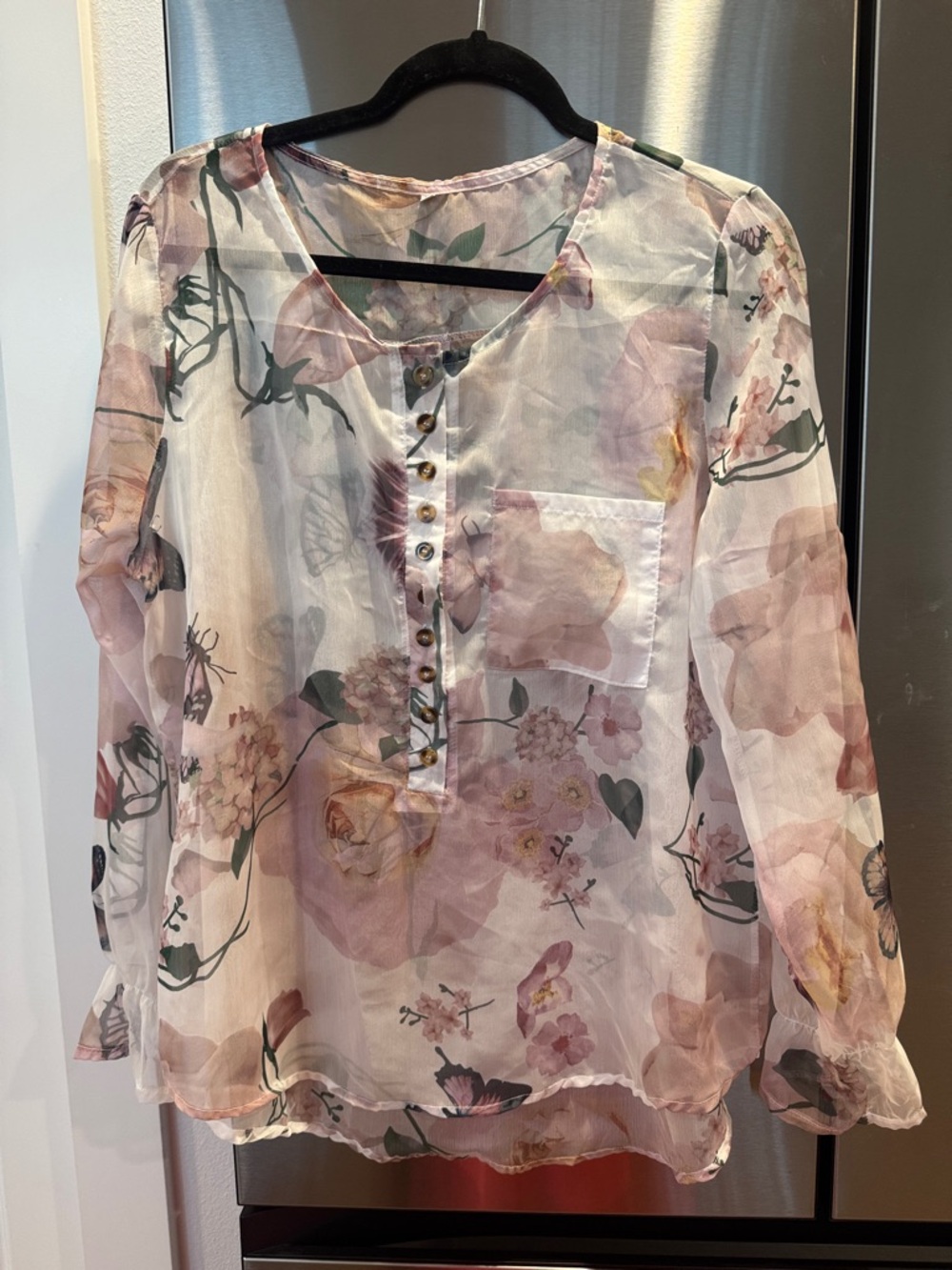 Sheer Floral Long-Sleeve Blouse in Light Pink